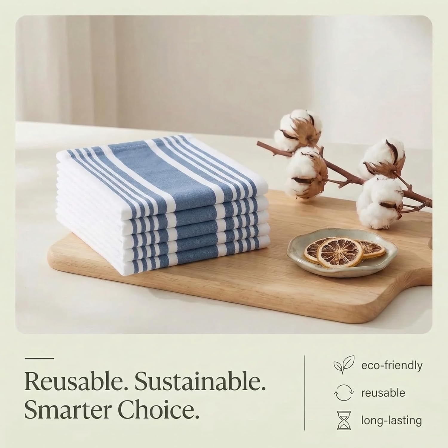 Kitchen Towels 100% Cotton Dish Towels for Kitchen (Set of 6) 20”X30” Dish Cloths Highly Absorbent Kitchen Linen Set with Hanging Loop Perfect for Drying Dishes Cleaning Towels-Blue White