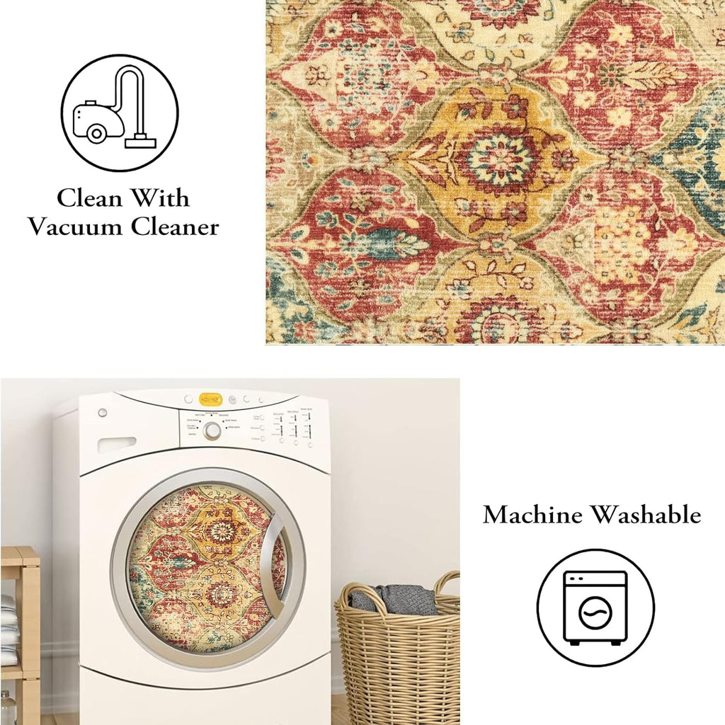 Moroccan Trellis Washable Small Area Rug, 3X5 Area Rug for Bedroom Living Room, Non-Slip Oriental Accent Throw Carpet for Kitchen Office Entryway Bathroom Office Elise, Red/Orange