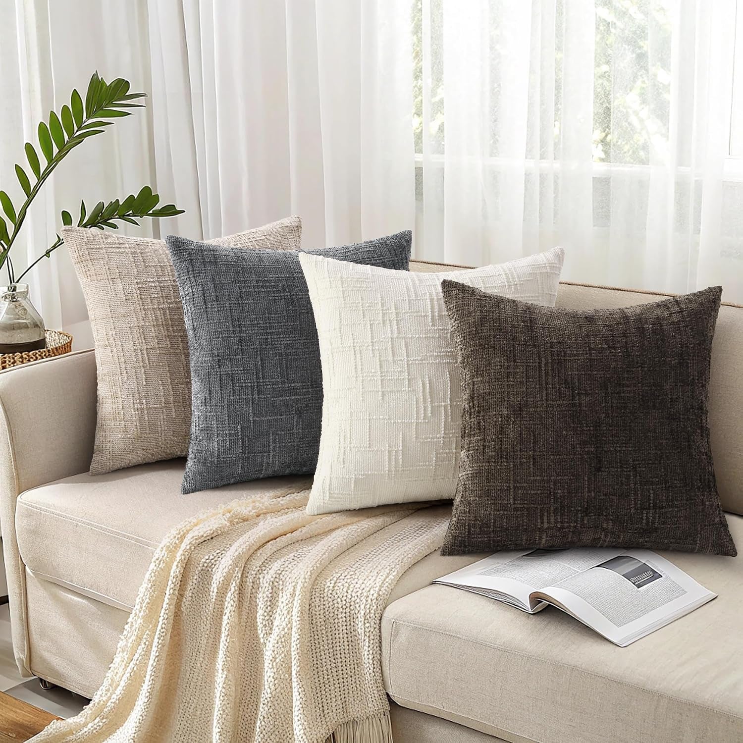 Textured Chenille Throw Pillow Covers 18X18 Set of 2 Dark Brown | Fall Modern Farmhouse Soft Cozy Slubby Couch Pillow Cases Boho Decorative Pillow Cases for Bed Sofa Living Room Home Decor