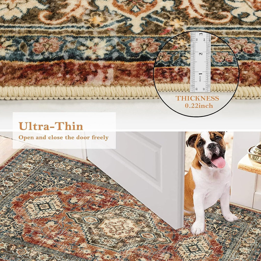 Oriental Hallway Runner Rug Non Slip, 2.5X8 Kitchen Washable Runner Soft Hallway Rug, Traditional Ultra-Thin Carpet for Bathroom Entryway ‎Laundry Room Eleanor, Brick Red