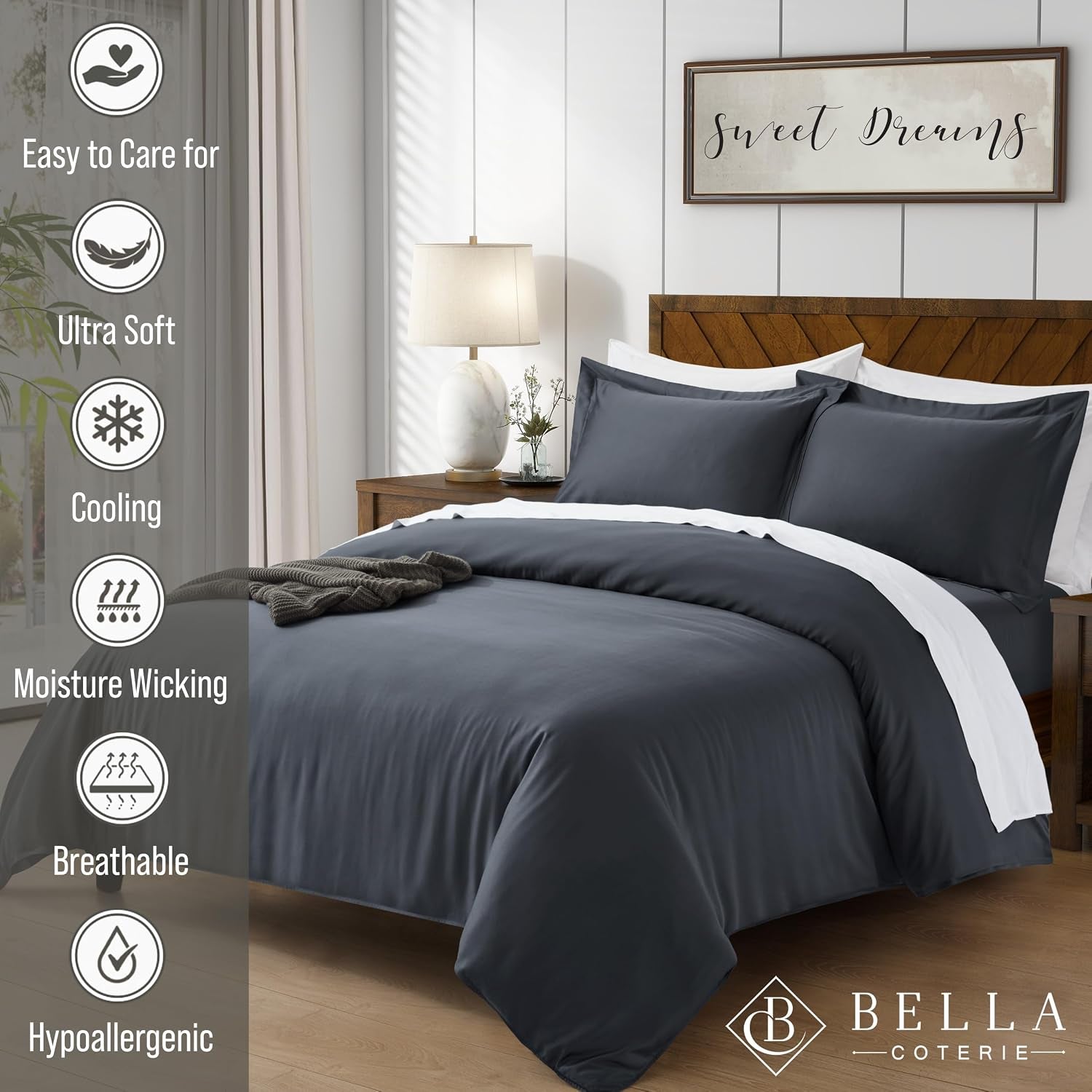 Bella Coterie | Luxury Bamboo Viscose Cal King Size Duvet Cover Set | Organically Grown | Cooling | Ultra Soft | 8 Corner Ties | 2 Pillow Shams | 94" X 106" | No Insert [Charcoal Grey]