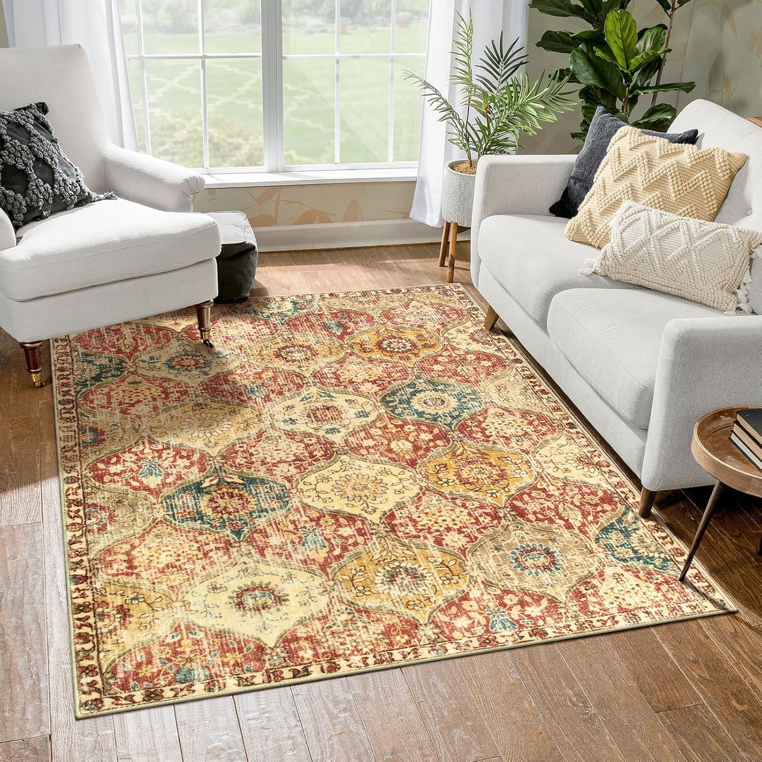 Moroccan Trellis Washable Small Area Rug, 3X5 Area Rug for Bedroom Living Room, Non-Slip Oriental Accent Throw Carpet for Kitchen Office Entryway Bathroom Office Elise, Red/Orange