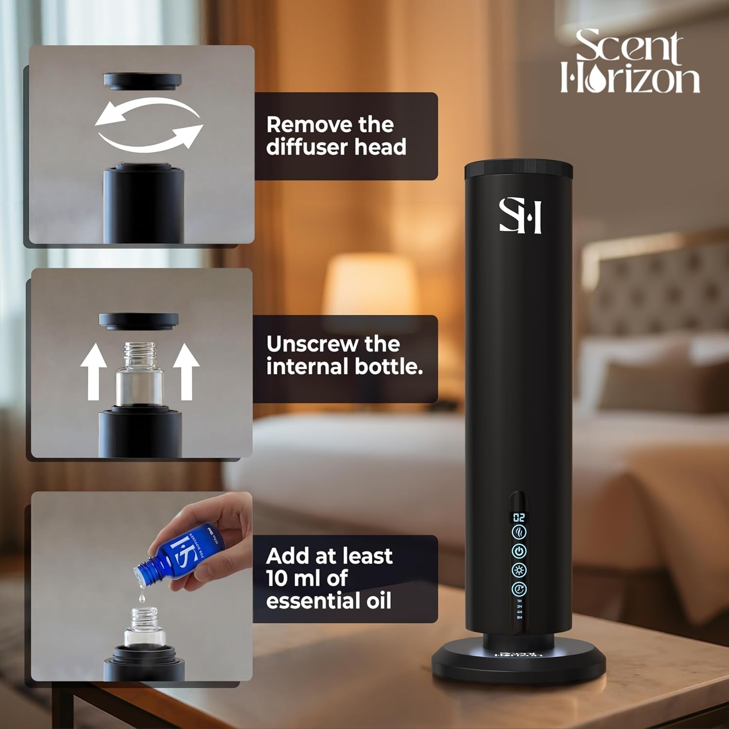 Rechargeable Waterless Diffuser, 1100 Sqft, Set 3 Diffuser Oil | All-Day Battery, No Outlets Needed – Coldair, Tower Silent, Auto Shut-Off, Night Light, Take It Anywhere, Set Hotel Oil