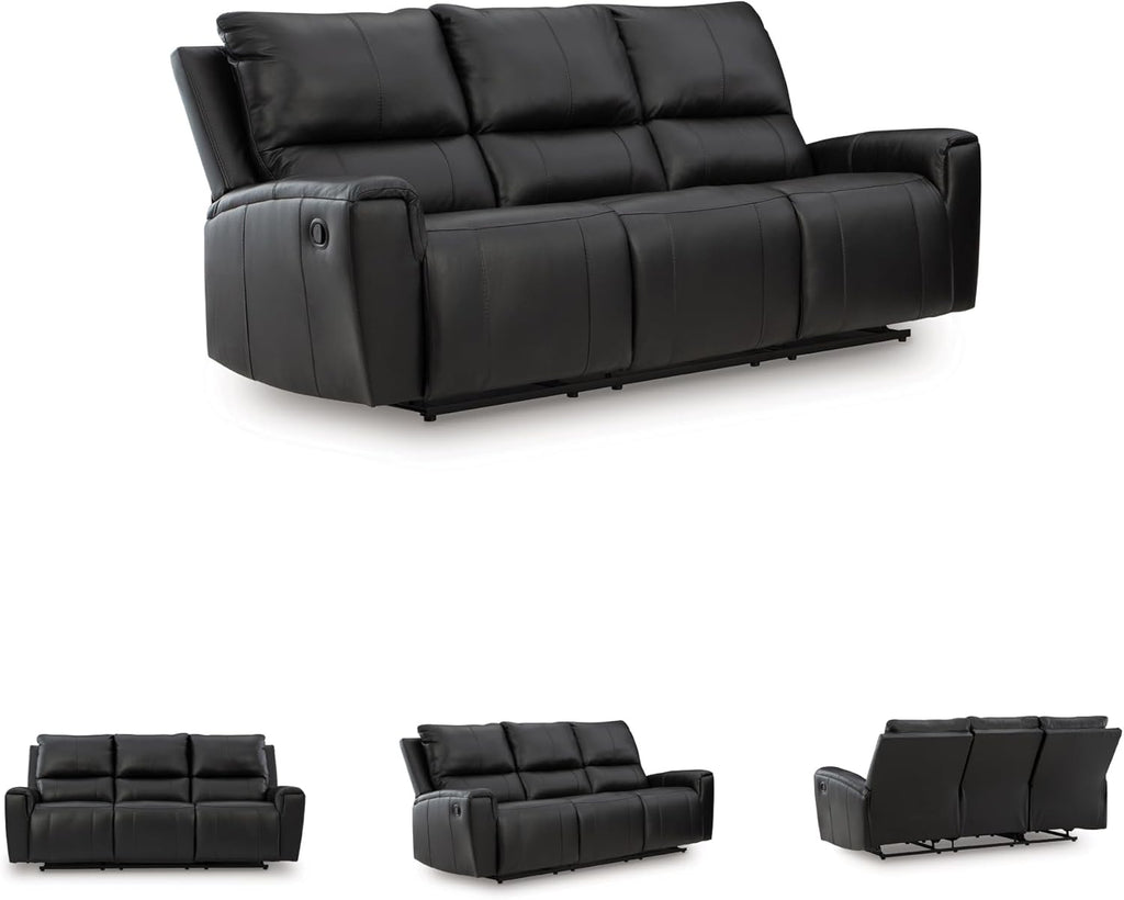 Signature Design by Ashley Glassmere 3-Seat Leather Reclining Sofa, Black | 100% Top Grain Leather Contact Areas, Matching Faux Leather Sides, 3-Seat Sofa Design, Contemporary Living Room Style