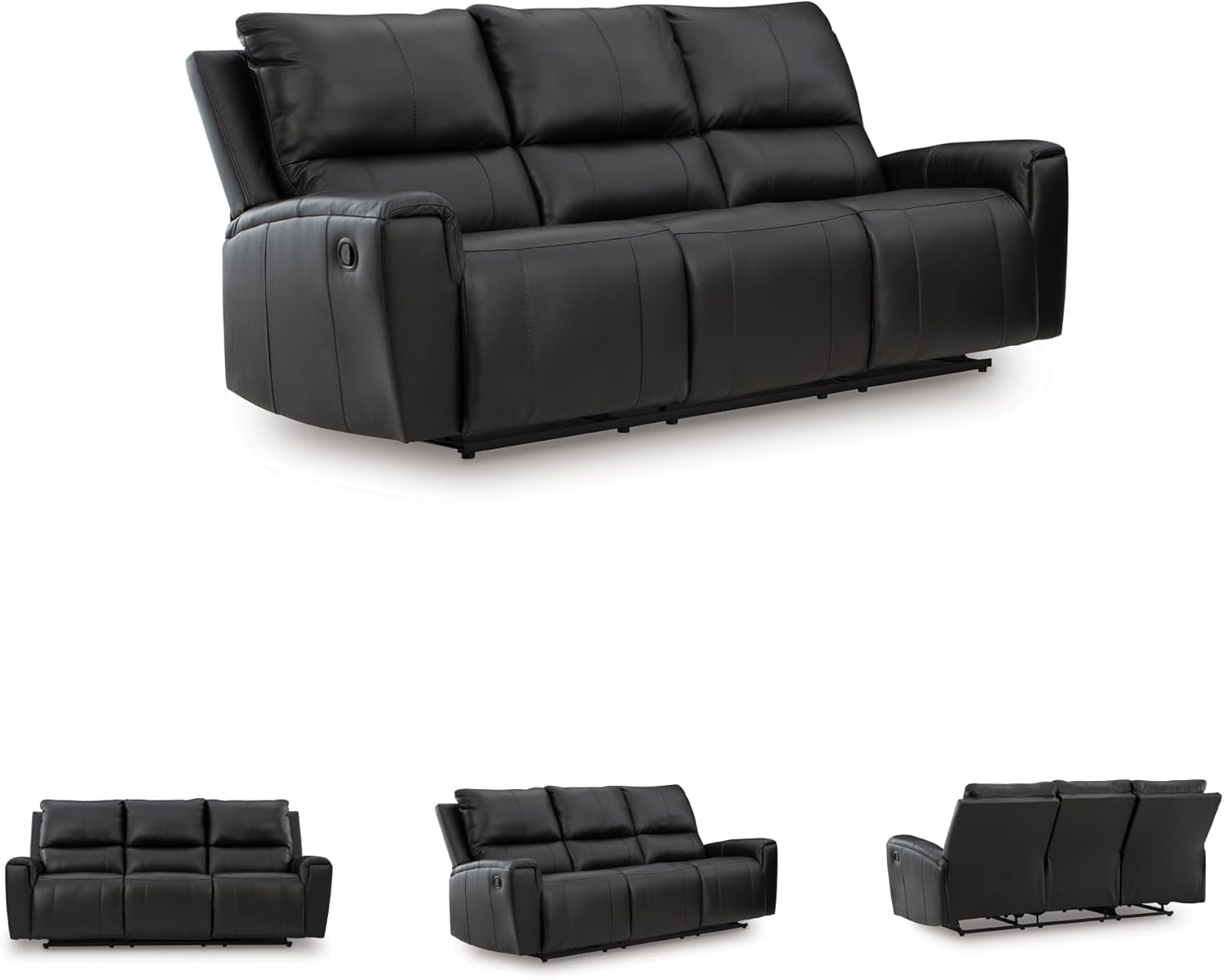 Signature Design by Ashley Glassmere 3-Seat Leather Reclining Sofa, Black | 100% Top Grain Leather Contact Areas, Matching Faux Leather Sides, 3-Seat Sofa Design, Contemporary Living Room Style