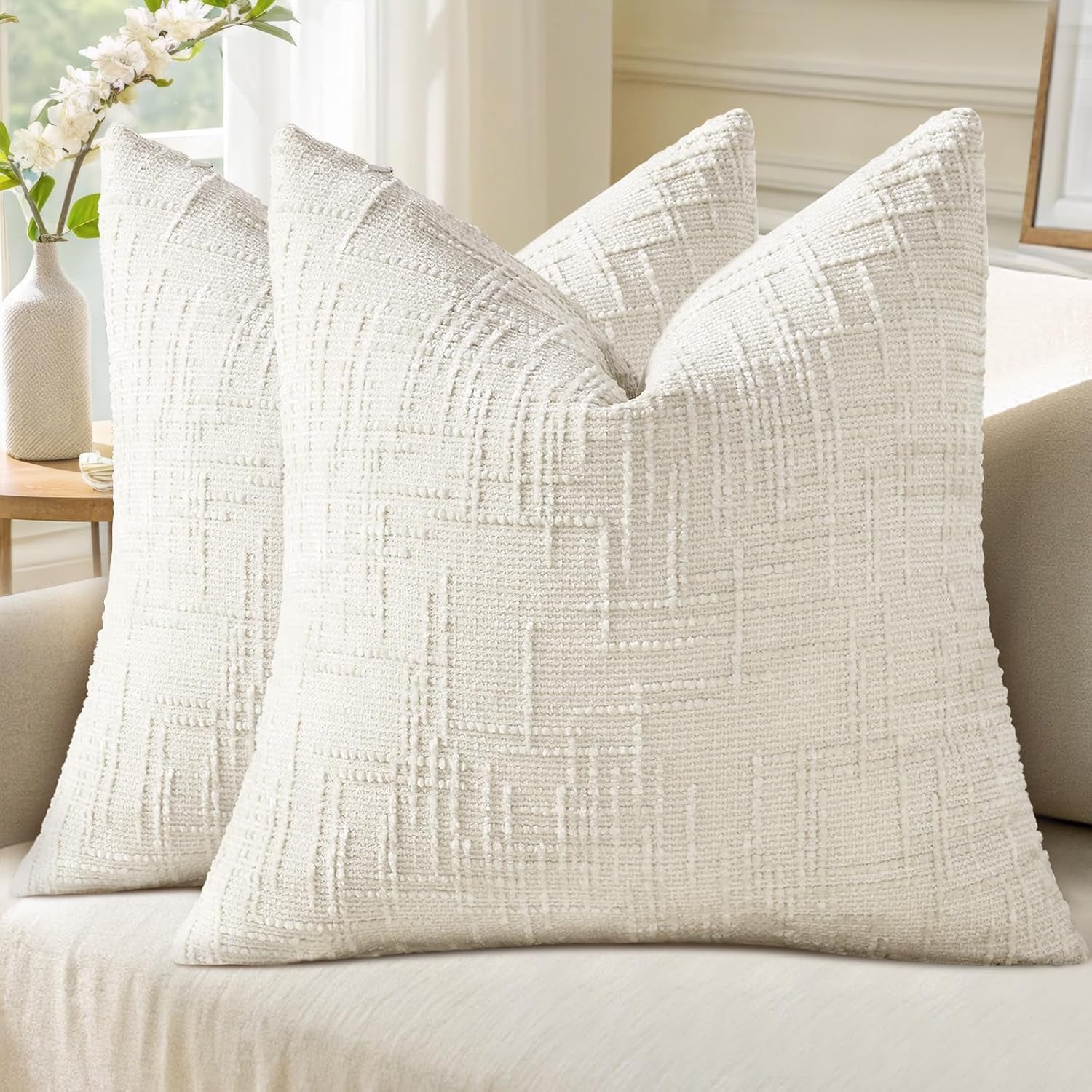 Textured Chenille Throw Pillow Covers 18X18 Set of 2 Cream White | Fall Modern Farmhouse Soft Cozy Slubby Couch Pillow Cases Boho Decorative Pillow Cases for Bed Sofa Living Room Home Decor