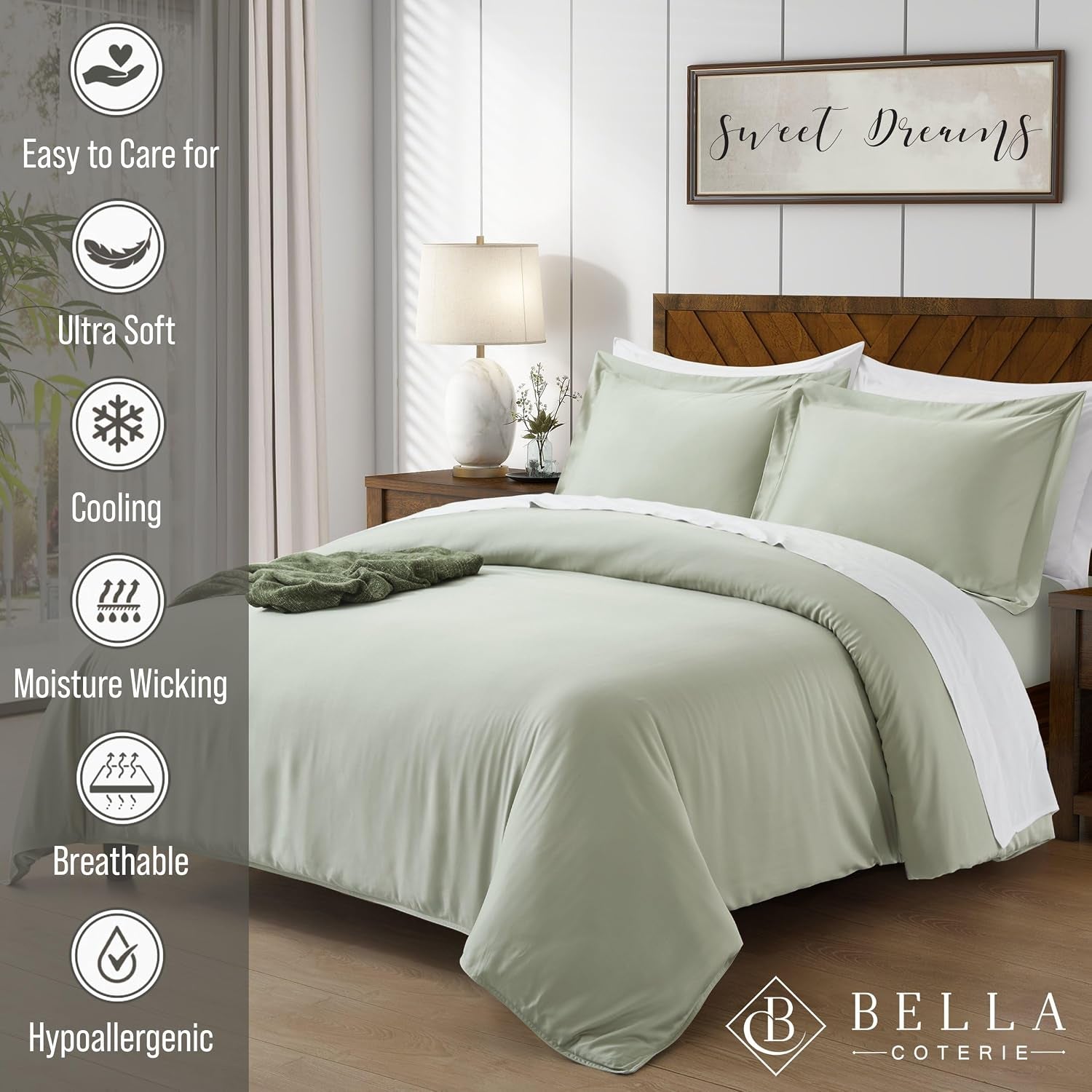 Bella Coterie | Luxury Bamboo Viscose California King Size Duvet Cover Set | Organically Grown | Cooling | Ultra Soft | 8 Corner Ties | 2 Pillow Shams | 94" X 106" | No Insert [Sea Glass]