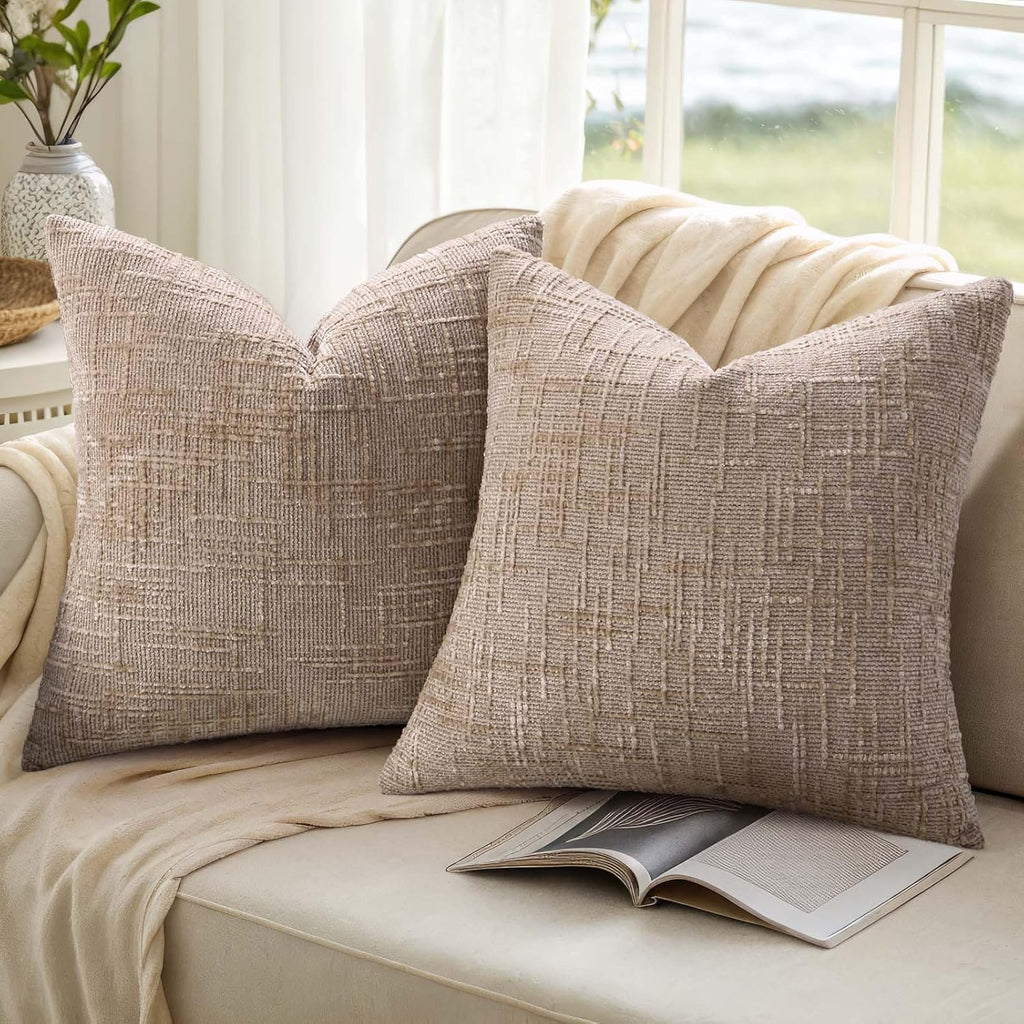 Textured Chenille Throw Pillow Covers 18X18 Set of 2 Oatmeal | Fall Modern Farmhouse Soft Cozy Slubby Couch Pillow Cases Boho Decorative Pillow Cases for Bed Sofa Living Room Home Decor
