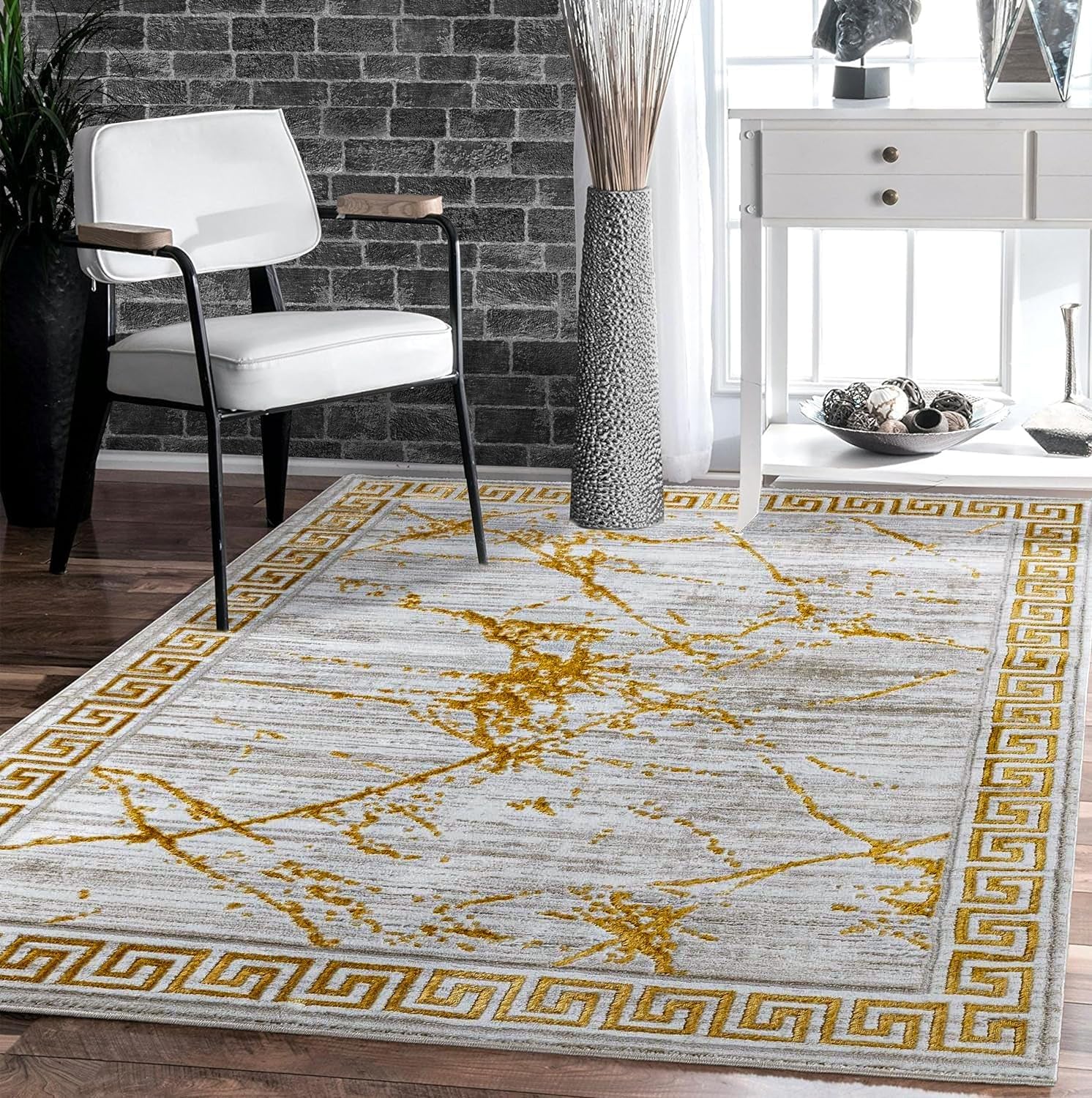Area Rugs Marble 2X7 Cream Gold Carpet Modern Abstract Rug Living Room Dining Bedroom Rug