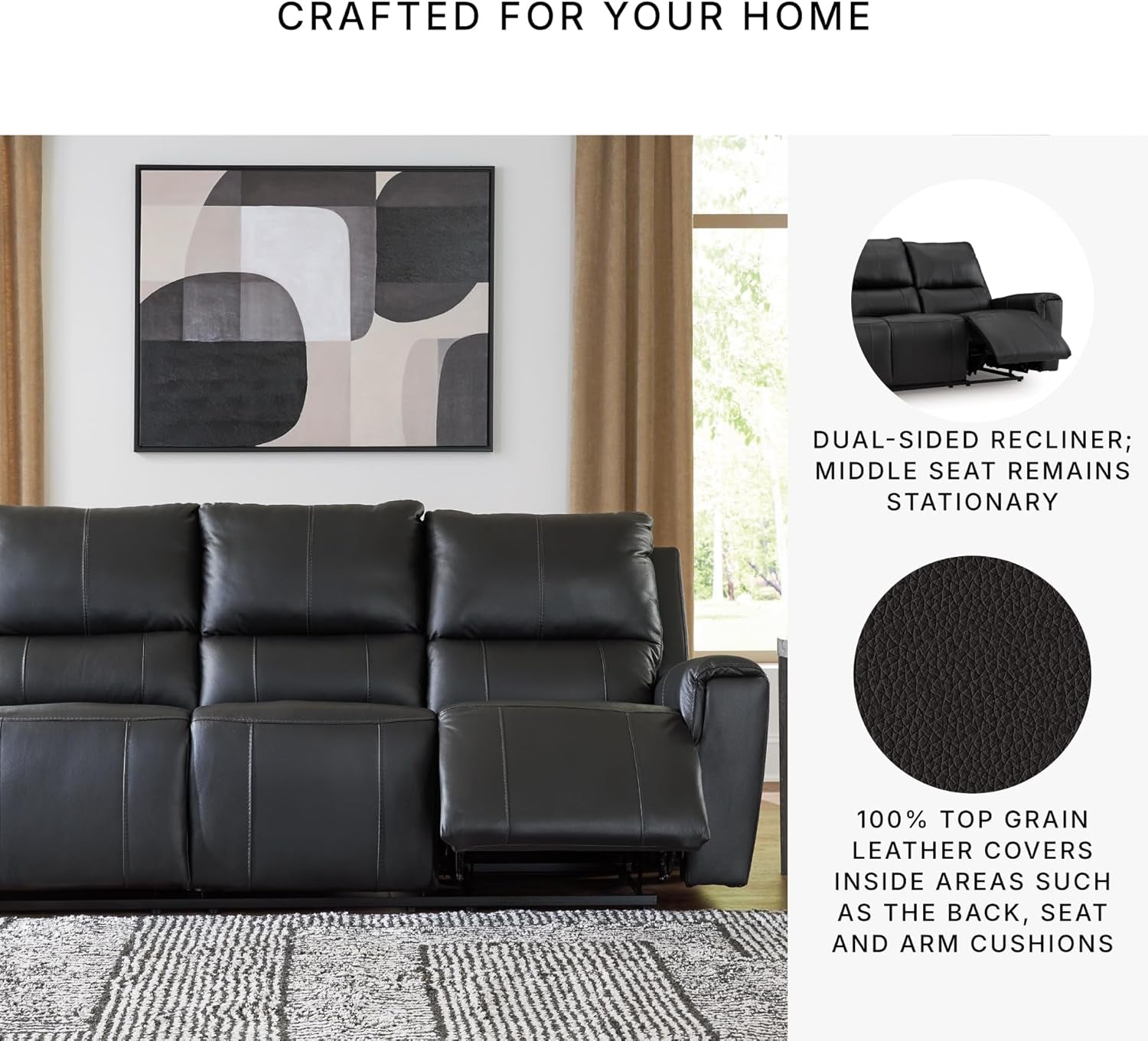 Signature Design by Ashley Glassmere 3-Seat Leather Reclining Sofa, Black | 100% Top Grain Leather Contact Areas, Matching Faux Leather Sides, 3-Seat Sofa Design, Contemporary Living Room Style