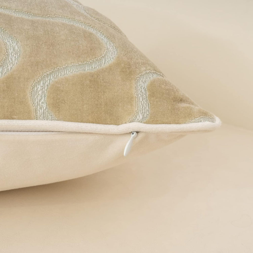Beige Square Throw Pillow Cover Wavy Velvet Cushion Cover Modern Zippered Pillowcase for Sofa Couch Bedroom Living Room Chair, 18 X 18 Inch