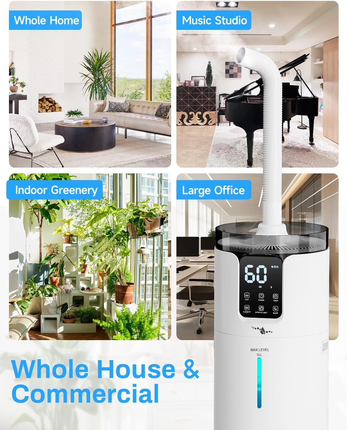 16L Smart Humidifier Large Room, Whole House Humidifier for Home 1500 Sq.Ft with App/Voice/Remote Control, Ultrasonic Cool Mist Humidifiers for Bedroom, Plants, Office with Tube, White