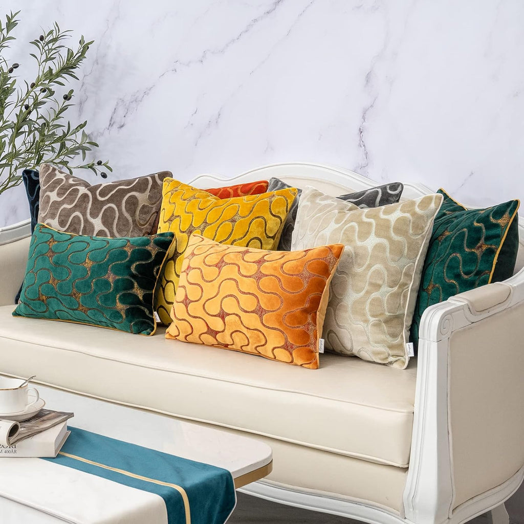 Beige Square Throw Pillow Cover Wavy Velvet Cushion Cover Modern Zippered Pillowcase for Sofa Couch Bedroom Living Room Chair, 18 X 18 Inch