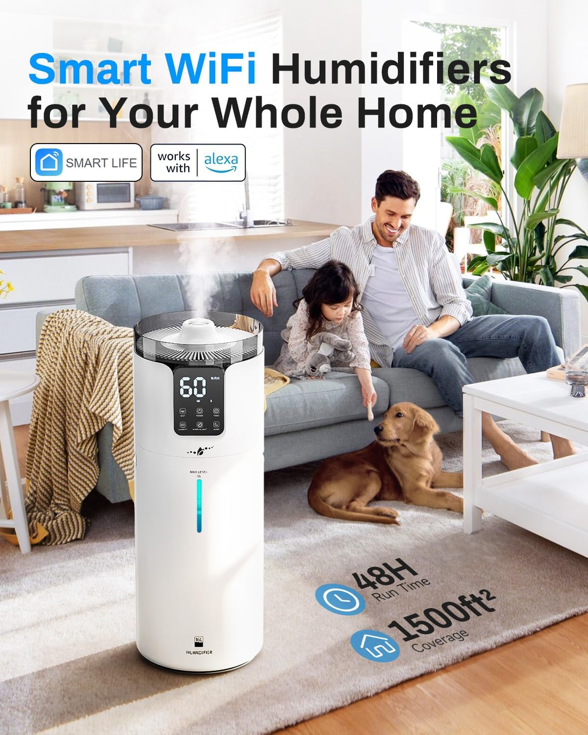 16L Smart Humidifier Large Room, Whole House Humidifier for Home 1500 Sq.Ft with App/Voice/Remote Control, Ultrasonic Cool Mist Humidifiers for Bedroom, Plants, Office with Tube, White