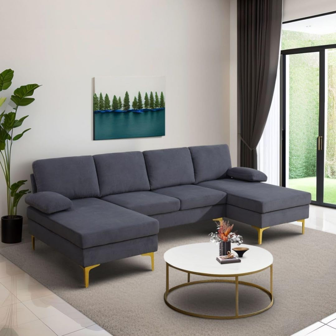 Modular Sectional Sofa, U-Shaped Couch with Pillow, Comfy Cozy Corner Sofas for Modern Living Room/Bedroom/Office/Apartment, Off-Grey Flannel