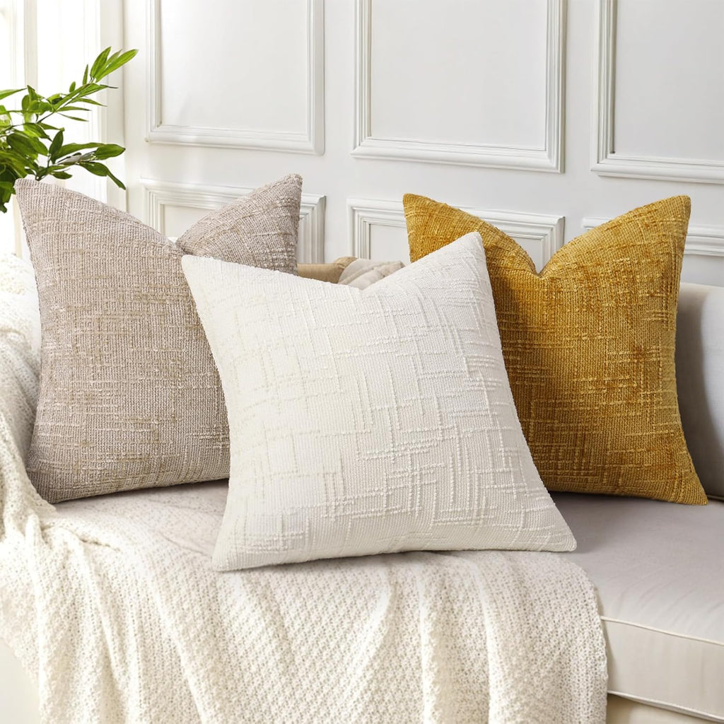 Textured Chenille Throw Pillow Covers 18X18 Set of 2 Cream White | Fall Modern Farmhouse Soft Cozy Slubby Couch Pillow Cases Boho Decorative Pillow Cases for Bed Sofa Living Room Home Decor