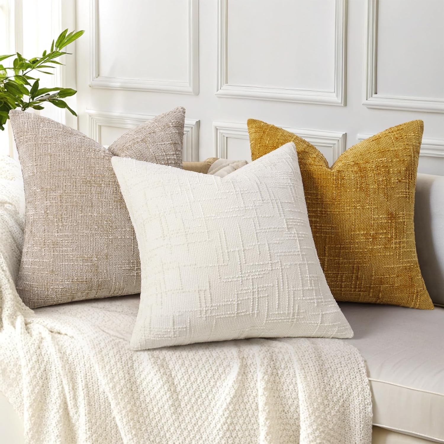 Textured Chenille Throw Pillow Covers 18X18 Set of 2 Cream White | Fall Modern Farmhouse Soft Cozy Slubby Couch Pillow Cases Boho Decorative Pillow Cases for Bed Sofa Living Room Home Decor