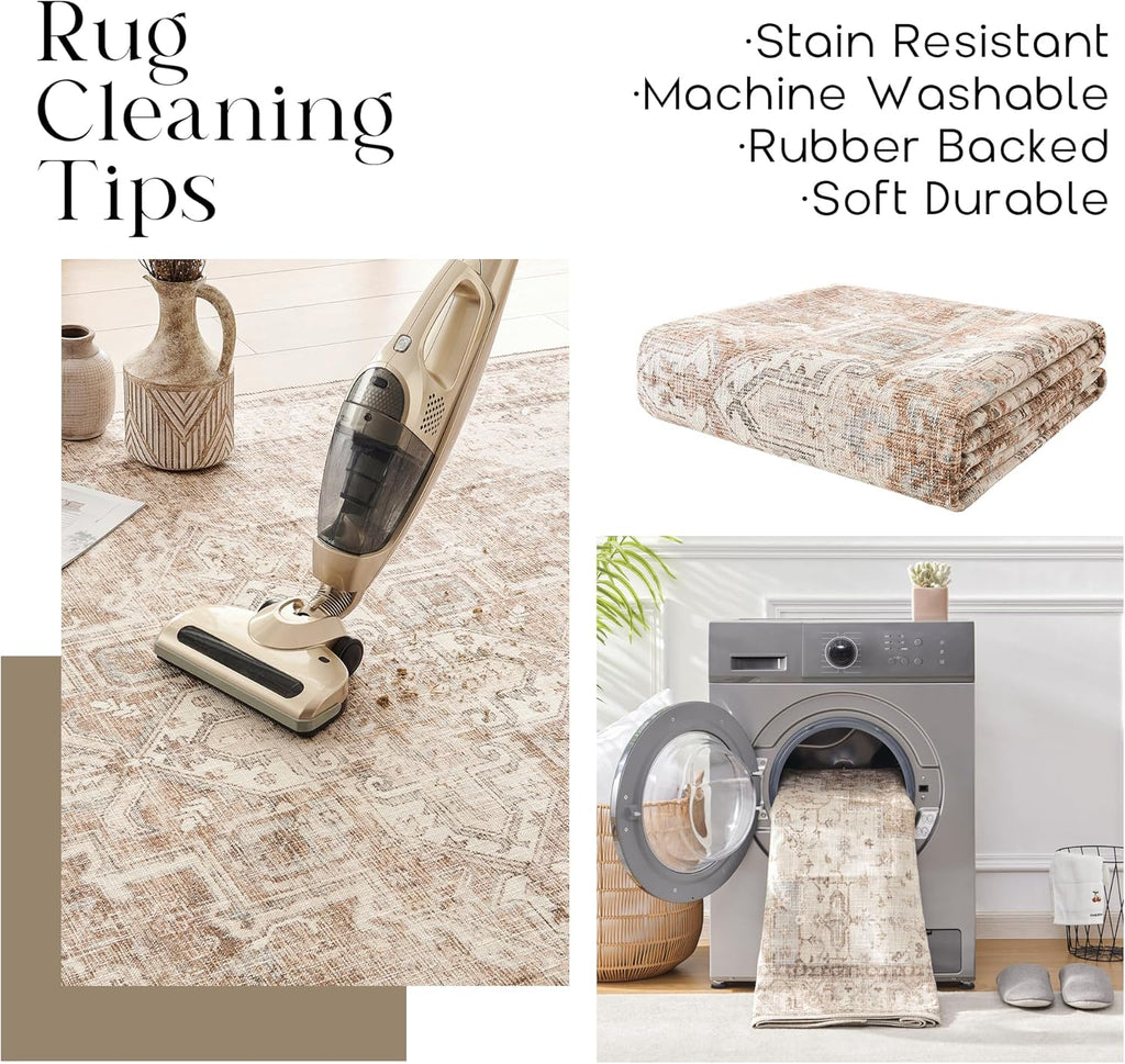 Boho Farmhouse Bedroom Rug 6X9 Washable Easy Clean Stain Resistant Vintage Country Rustic Neutral Earth Tone Area Rug for Dining Room under Table, Light Tan Brown Beige with Rust Terracotta Pattern