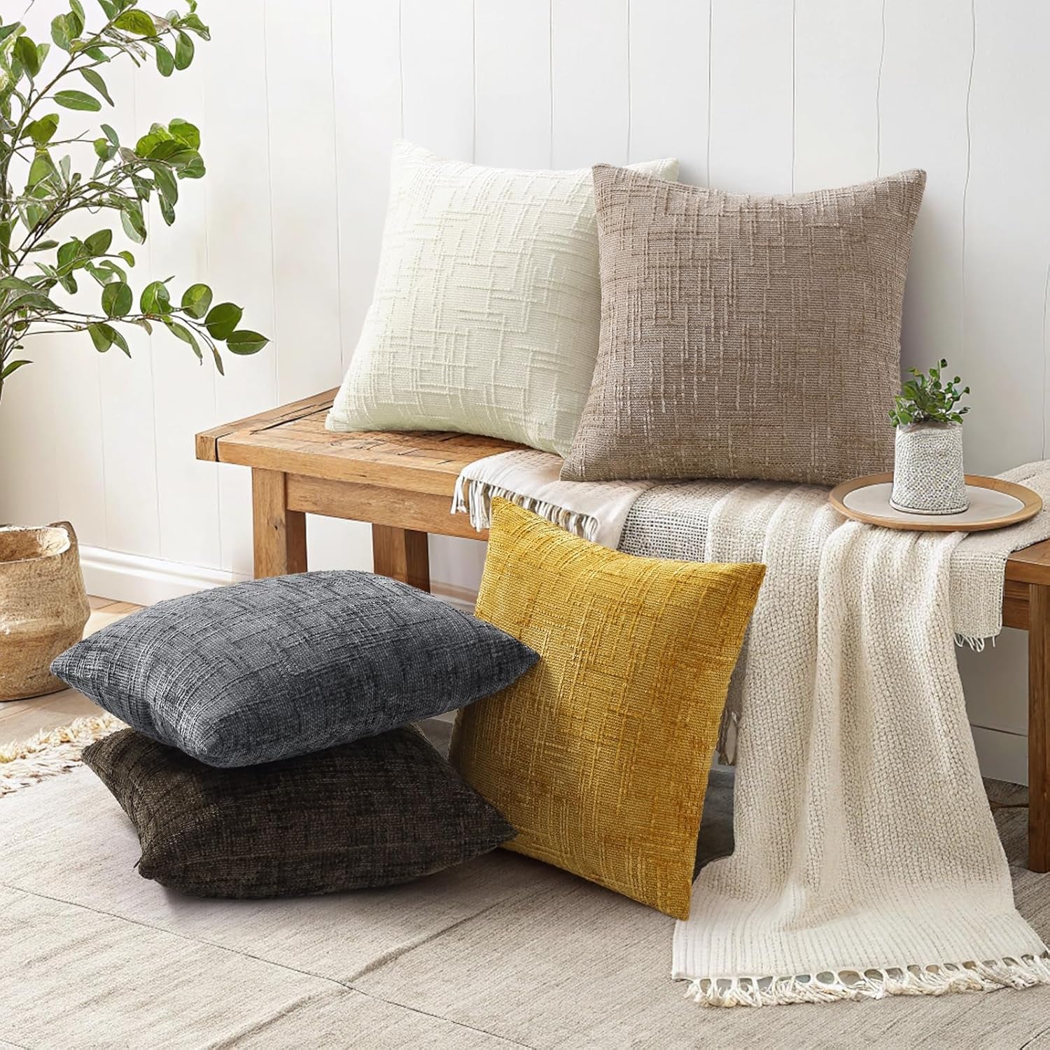 Textured Chenille Throw Pillow Covers 18X18 Set of 2 Oatmeal | Fall Modern Farmhouse Soft Cozy Slubby Couch Pillow Cases Boho Decorative Pillow Cases for Bed Sofa Living Room Home Decor