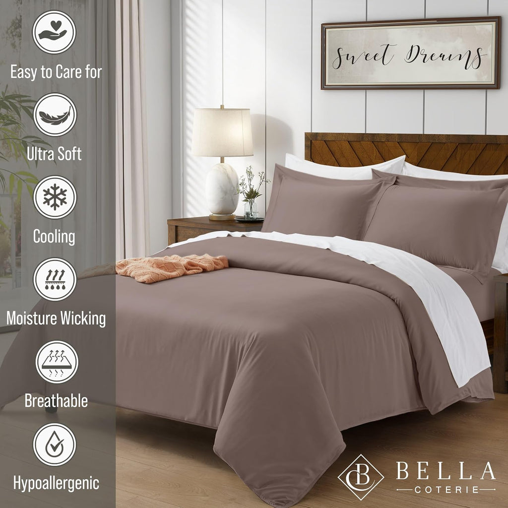 Bella Coterie | Luxury Bamboo Viscose King Size Duvet Cover Set | Organically Grown | Cooling | Ultra Soft | 8 Corner Ties | 2 Pillow Shams | 106" X 94" | No Insert [Mocha]