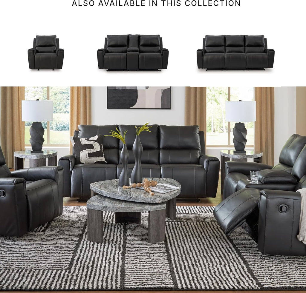 Signature Design by Ashley Glassmere 3-Seat Leather Reclining Sofa, Black | 100% Top Grain Leather Contact Areas, Matching Faux Leather Sides, 3-Seat Sofa Design, Contemporary Living Room Style