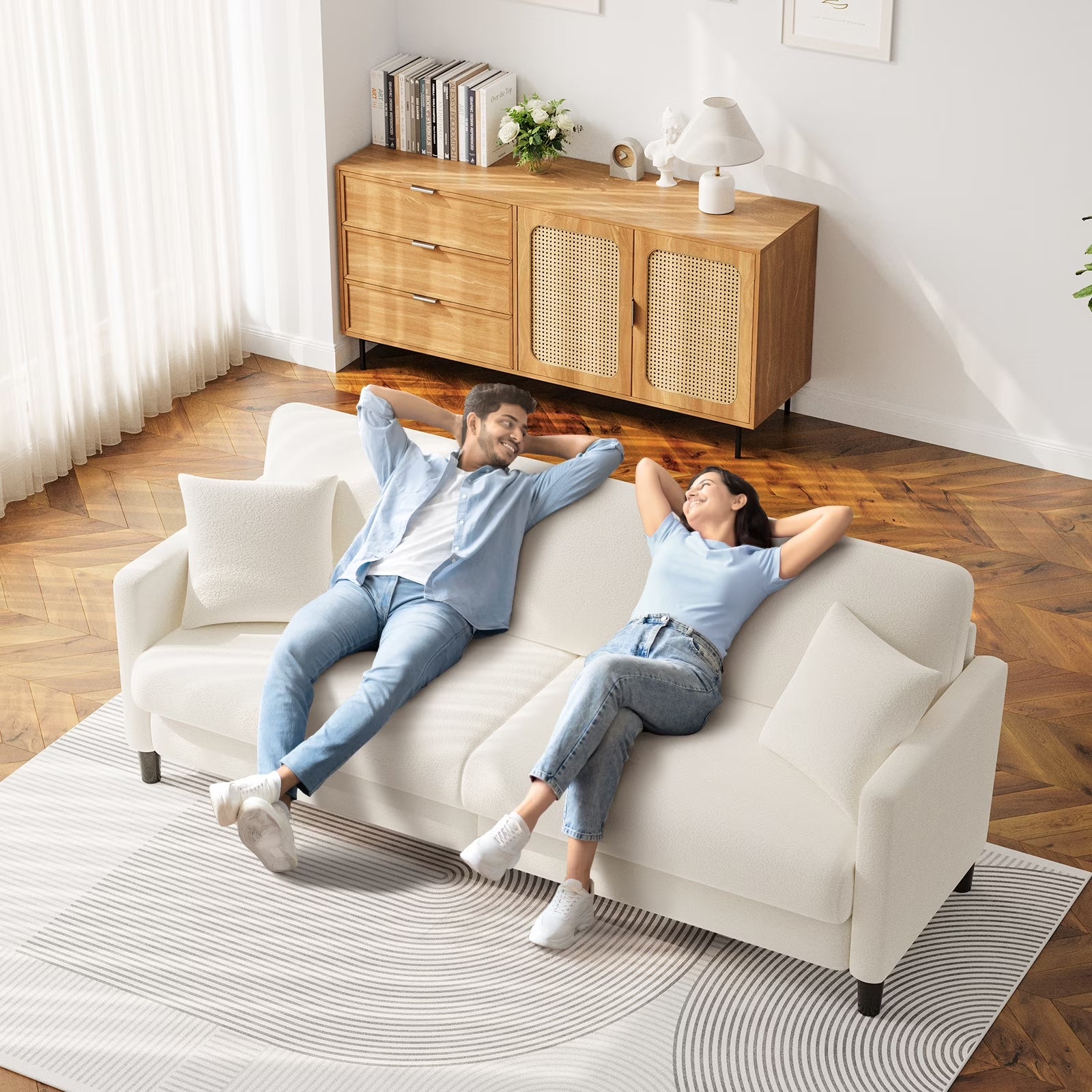 83" Comfortable Upholstered Sofa, 3 Seater Couch for Living Room,  Big Loveseat with Extra Deep Seats , 2 Pillows, Beige White