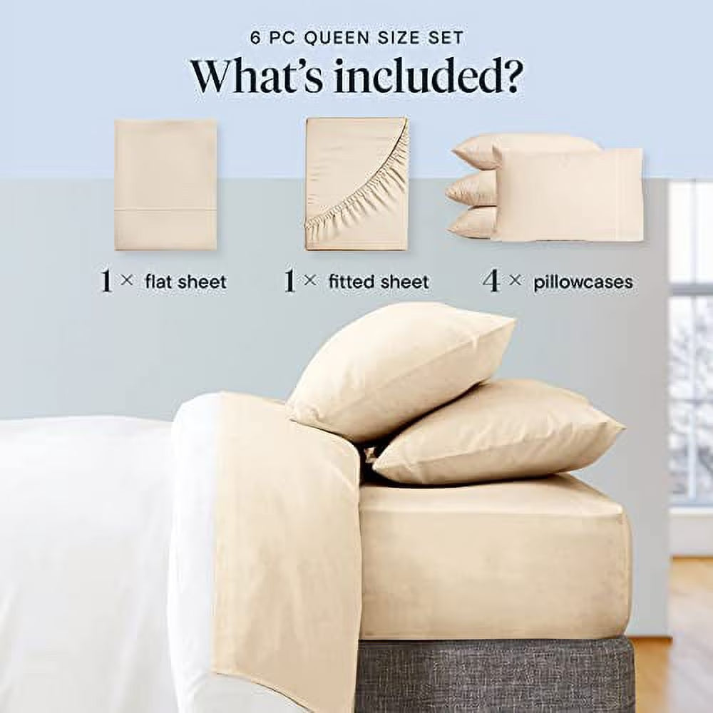Full Cooling Sheets Microfiber Bed Sheet Set, Wrinkle Free Breathable, Deep Pocket 18", Cream, 6 Piece