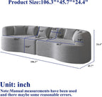 106.3" Curved Sectional Sofa, Oversized Cloud Couch with 6 Pillows, Deep Seat Sofa for Living Room, Guest, Bedroom, No Assembly Required, Gray