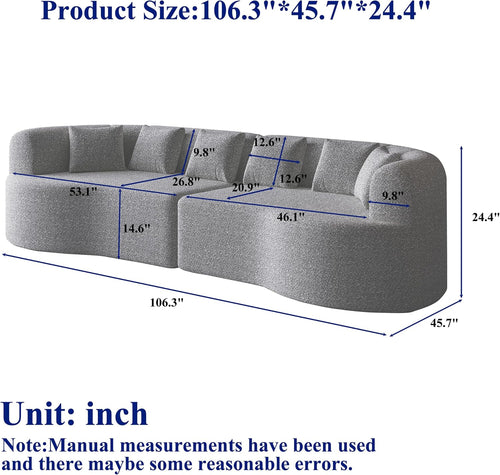 106.3" Curved Sectional Sofa, Oversized Cloud Couch with 6 Pillows, Deep Seat Sofa for Living Room, Guest, Bedroom, No Assembly Required, Gray