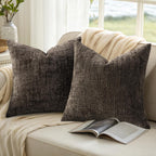 Textured Chenille Throw Pillow Covers 18X18 Set of 2 Dark Brown | Fall Modern Farmhouse Soft Cozy Slubby Couch Pillow Cases Boho Decorative Pillow Cases for Bed Sofa Living Room Home Decor