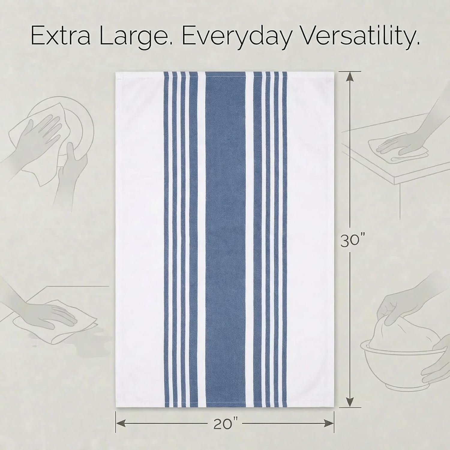 Kitchen Towels 100% Cotton Dish Towels for Kitchen (Set of 6) 20”X30” Dish Cloths Highly Absorbent Kitchen Linen Set with Hanging Loop Perfect for Drying Dishes Cleaning Towels-Blue White