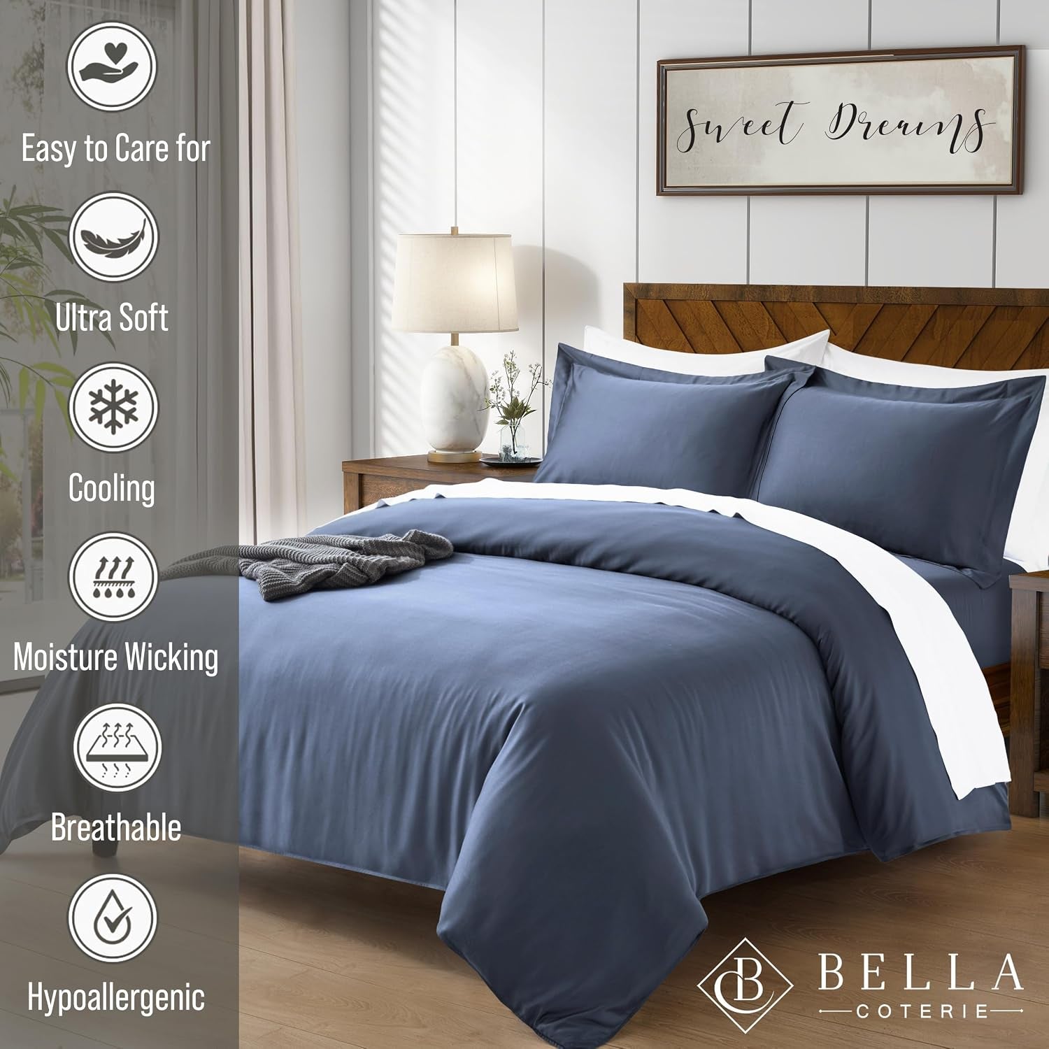 Bella Coterie | Luxury Bamboo Viscose King Size Duvet Cover Set | Organically Grown | Cooling | Ultra Soft | 8 Corner Ties | 2 Pillow Shams | 106" X 94" | No Insert [Slate Blue]