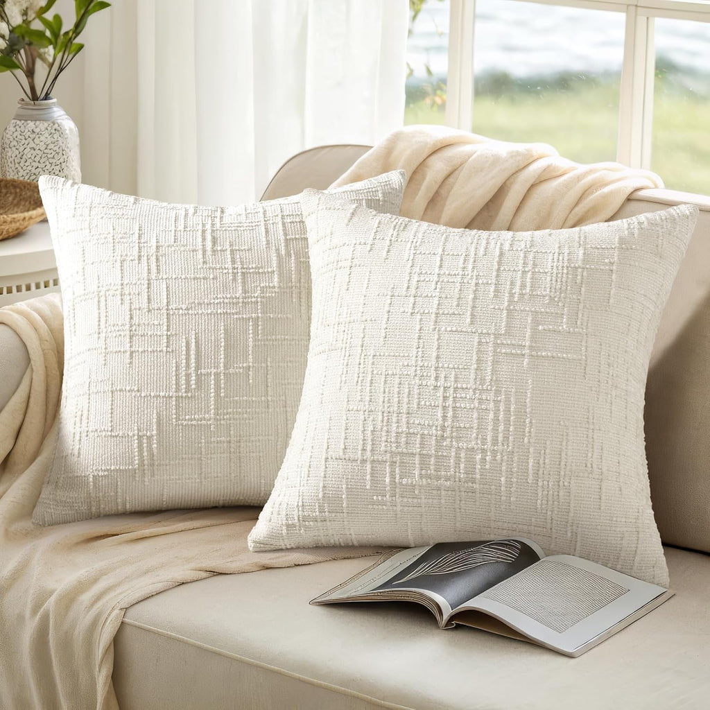 Textured Chenille Throw Pillow Covers 18X18 Set of 2 Cream White | Fall Modern Farmhouse Soft Cozy Slubby Couch Pillow Cases Boho Decorative Pillow Cases for Bed Sofa Living Room Home Decor
