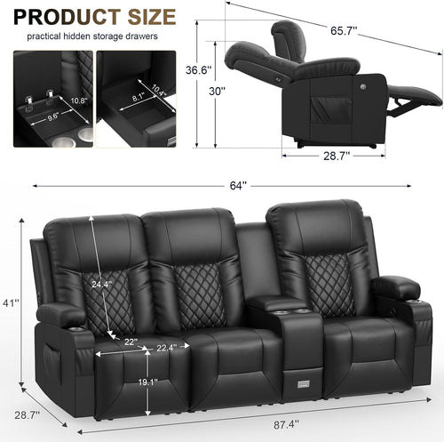 3 Seat Recliner Sofa, Large Reclining Sofa with Storage Console, Manual Reclining Chair with USB Ports, 2 Cell Phone Holder, 3 Seater Loveseat Recliner Couch for Living Room