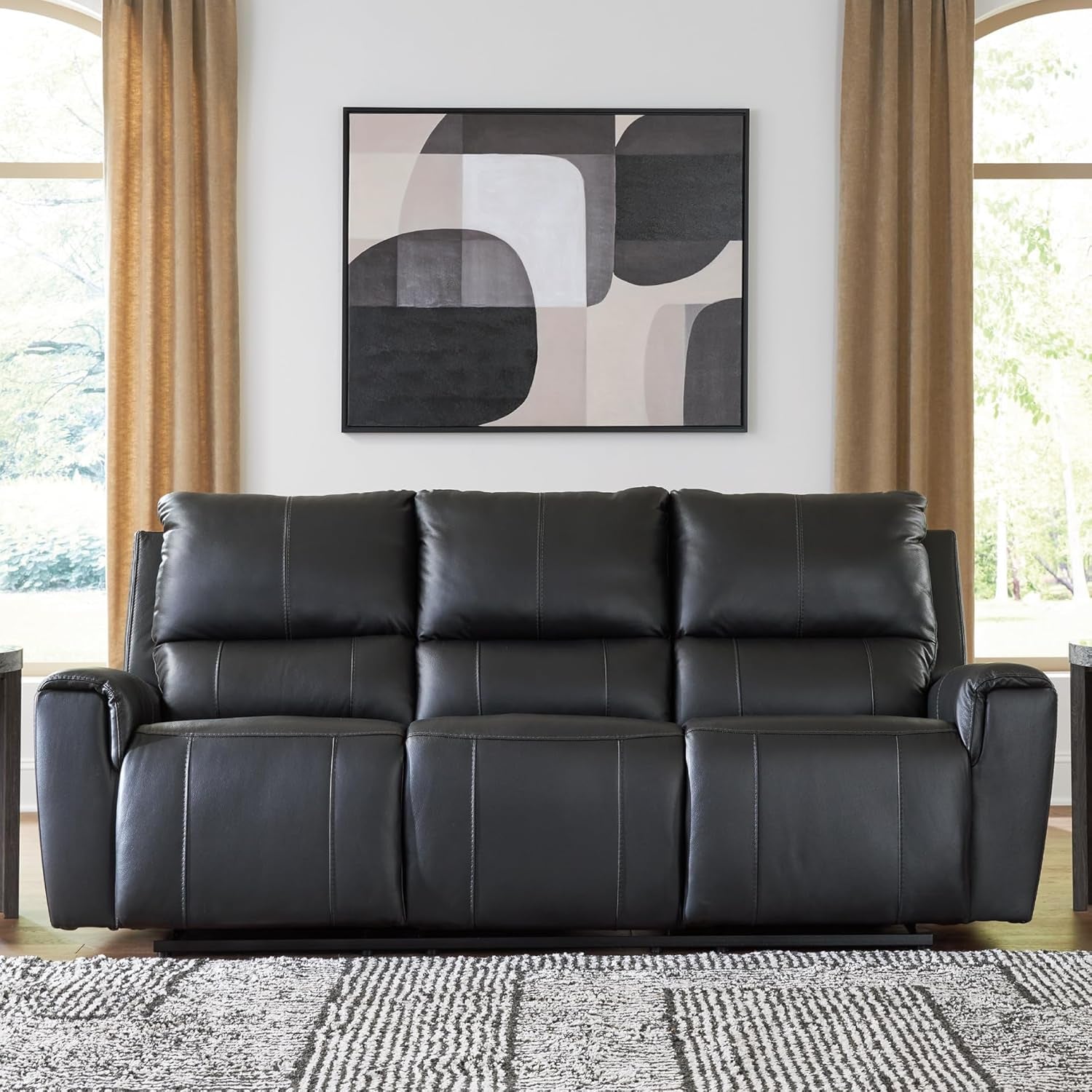 Signature Design by Ashley Glassmere 3-Seat Leather Reclining Sofa, Black | 100% Top Grain Leather Contact Areas, Matching Faux Leather Sides, 3-Seat Sofa Design, Contemporary Living Room Style