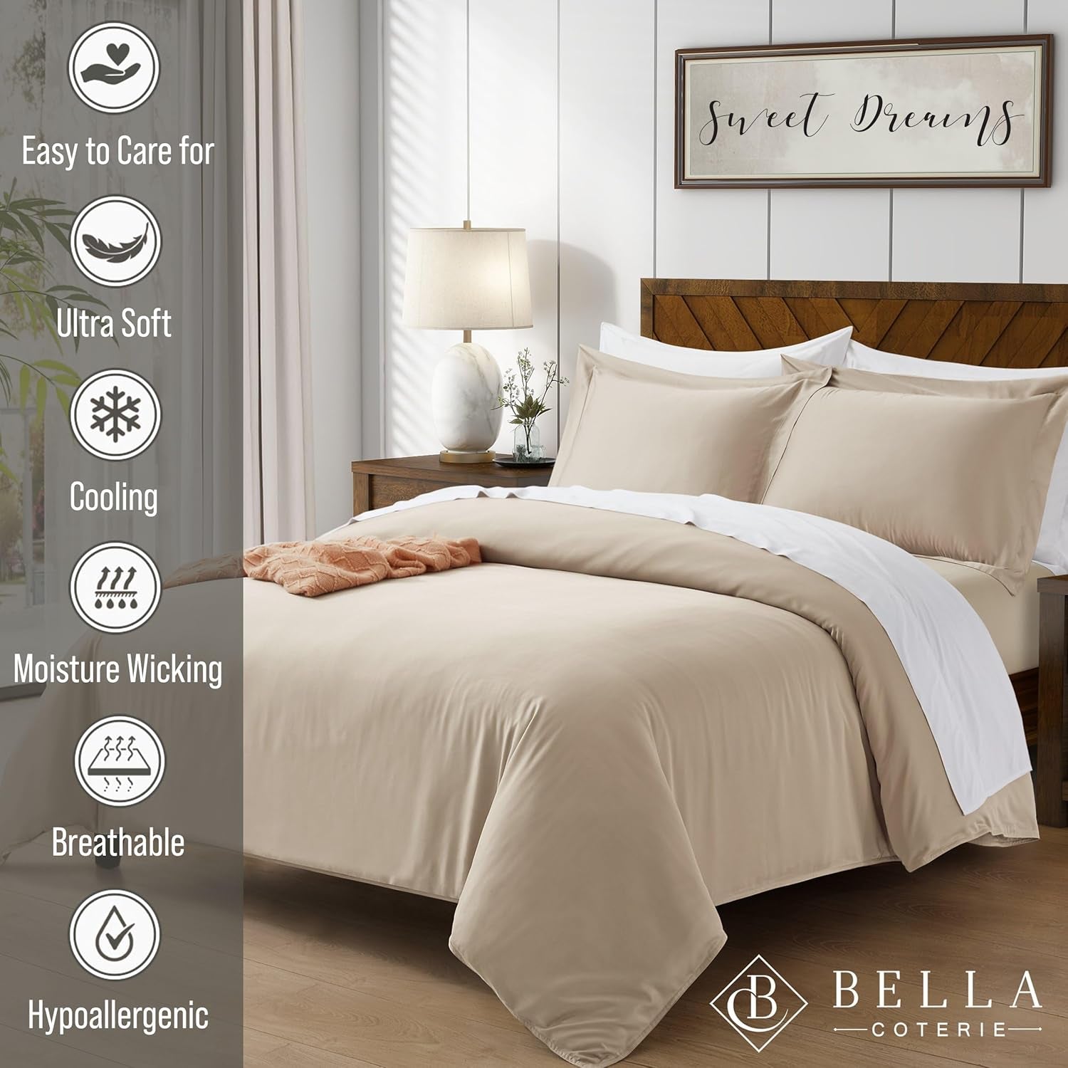 Bella Coterie | Luxury Bamboo Viscose King Size Duvet Cover Set | Organically Grown | Cooling | Ultra Soft | 8 Corner Ties | 2 Pillow Shams | 106" X 94" | No Insert [Dune]