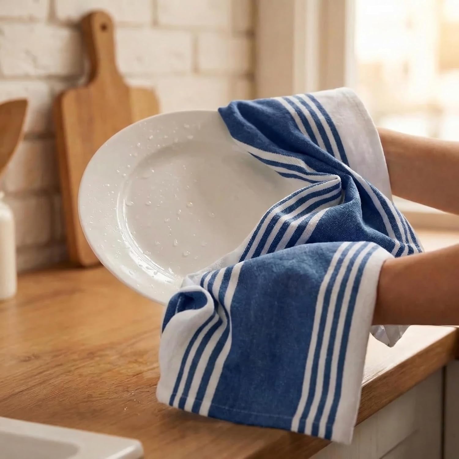 Kitchen Towels 100% Cotton Dish Towels for Kitchen (Set of 6) 20”X30” Dish Cloths Highly Absorbent Kitchen Linen Set with Hanging Loop Perfect for Drying Dishes Cleaning Towels-Blue White