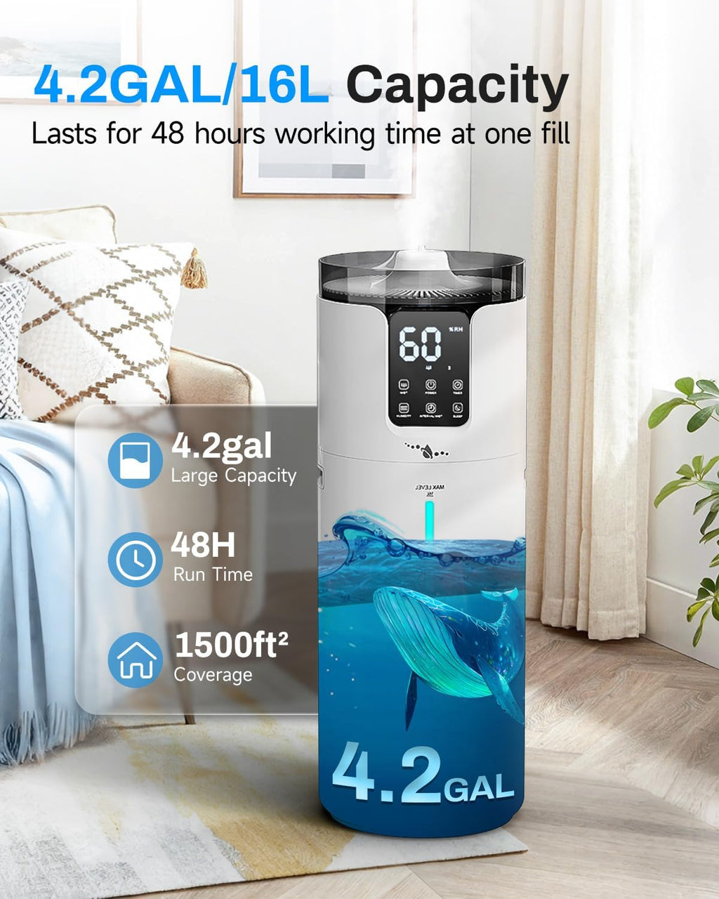 16L Smart Humidifier Large Room, Whole House Humidifier for Home 1500 Sq.Ft with App/Voice/Remote Control, Ultrasonic Cool Mist Humidifiers for Bedroom, Plants, Office with Tube, White