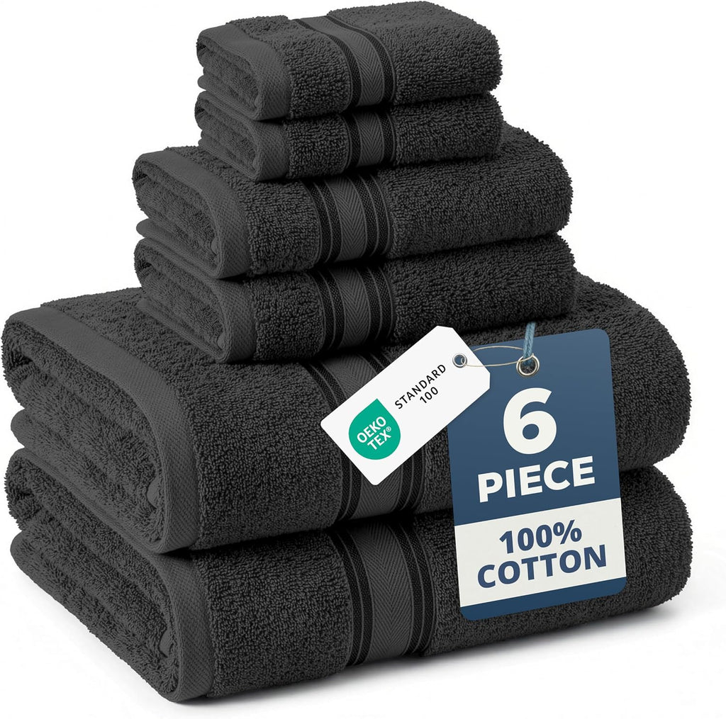 Luxury Bath Towels Set - 6 Piece Set, 100% Cotton Bathroom Towels, Zero Twist, Quick Dry Shower Towels, Absorbent Bath Towel, Super Soft, 2 Bath Towels, 2 Hand Towels, 2 Wash Cloths - Black