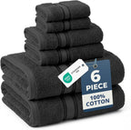 Luxury Bath Towels Set - 6 Piece Set, 100% Cotton Bathroom Towels, Zero Twist, Quick Dry Shower Towels, Absorbent Bath Towel, Super Soft, 2 Bath Towels, 2 Hand Towels, 2 Wash Cloths - Black