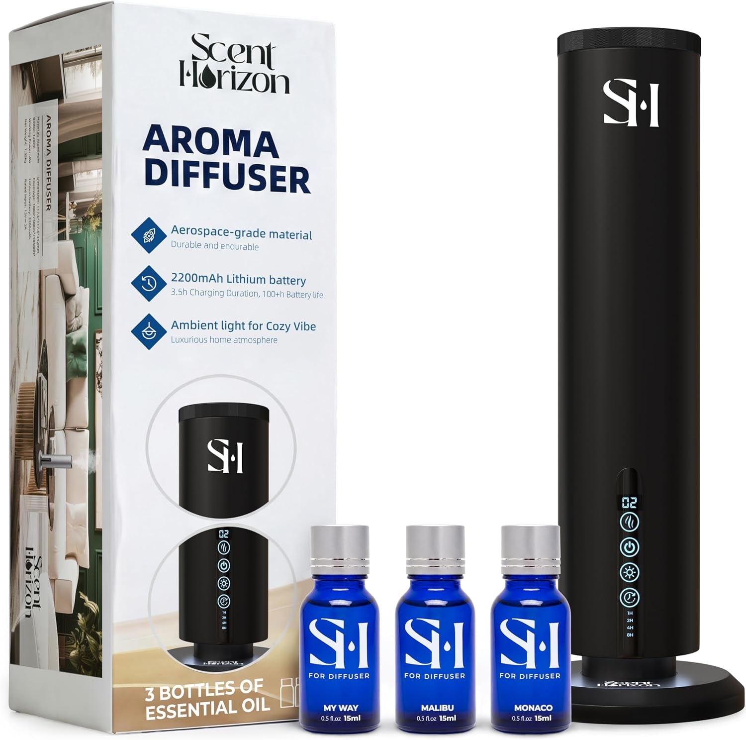 Rechargeable Waterless Diffuser, 1100 Sqft, Set 3 Diffuser Oil | All-Day Battery, No Outlets Needed – Coldair, Tower Silent, Auto Shut-Off, Night Light, Take It Anywhere, Set Hotel Oil