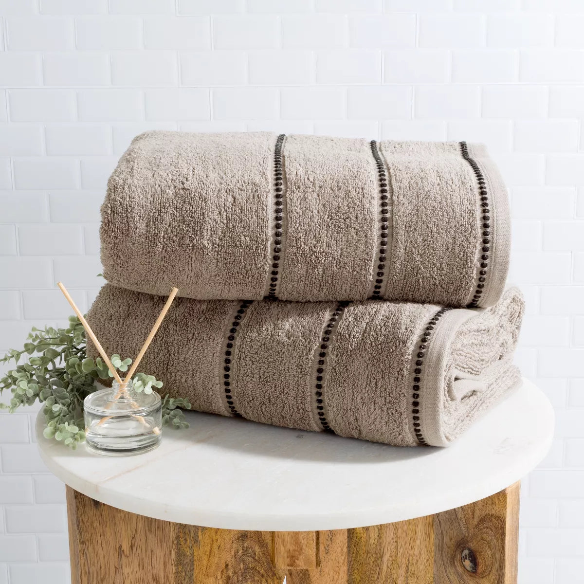 Hastings Home 2-Pc Luxury Cotton  Towel Set, Quick Dry, Zero-Twist Cotton - Taupe/Black