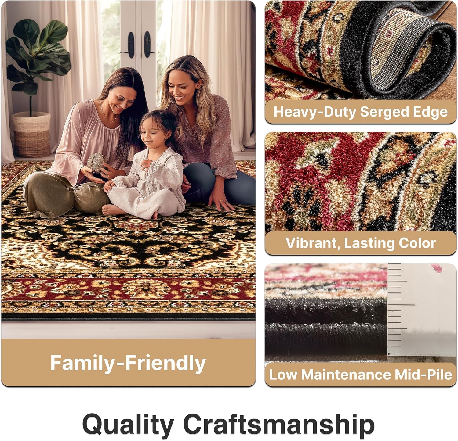 Barclay Collection Medallion Kashan Black 2X7 Runner Rug - for Hallways, Kitchens, and Entryways